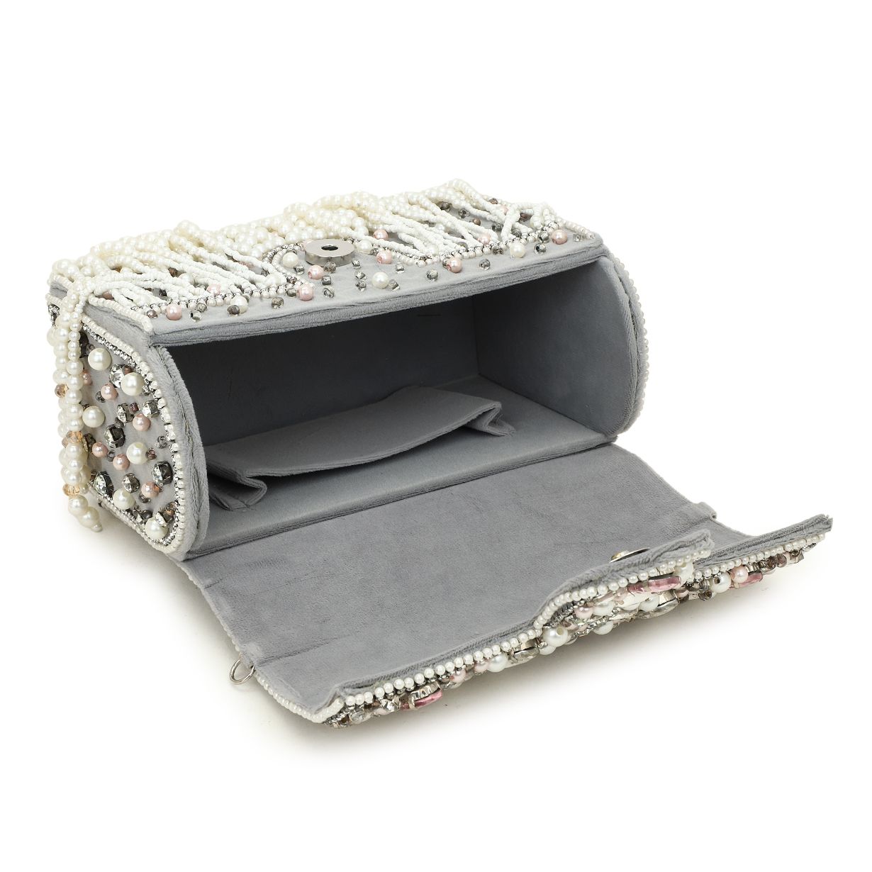 Bead Tassel Grey Velvet Box Party Flap Bag