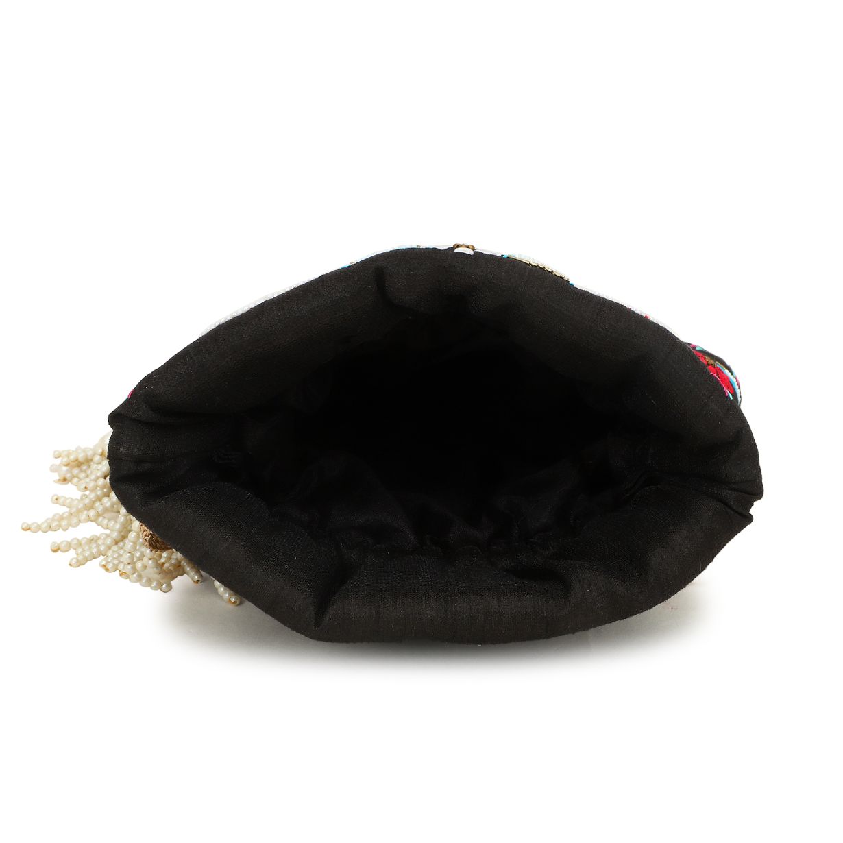 Black Embroidered Silk Tassel Party Potli for Women