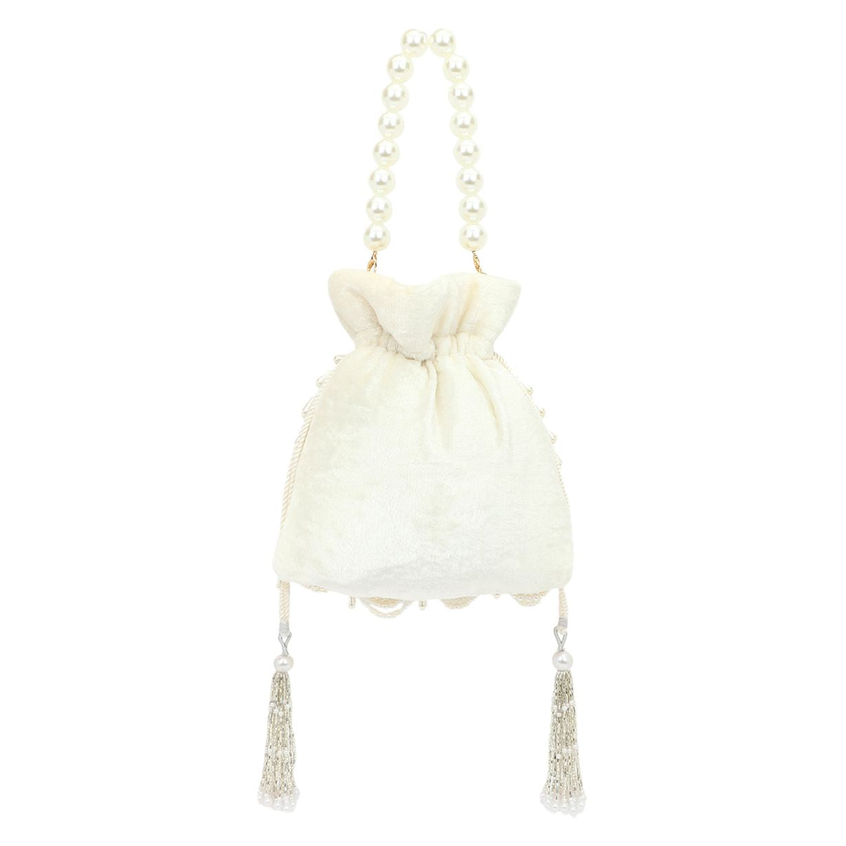 Pearl White Embroidered Velvet Potli Bag for Party & Traditional Wear