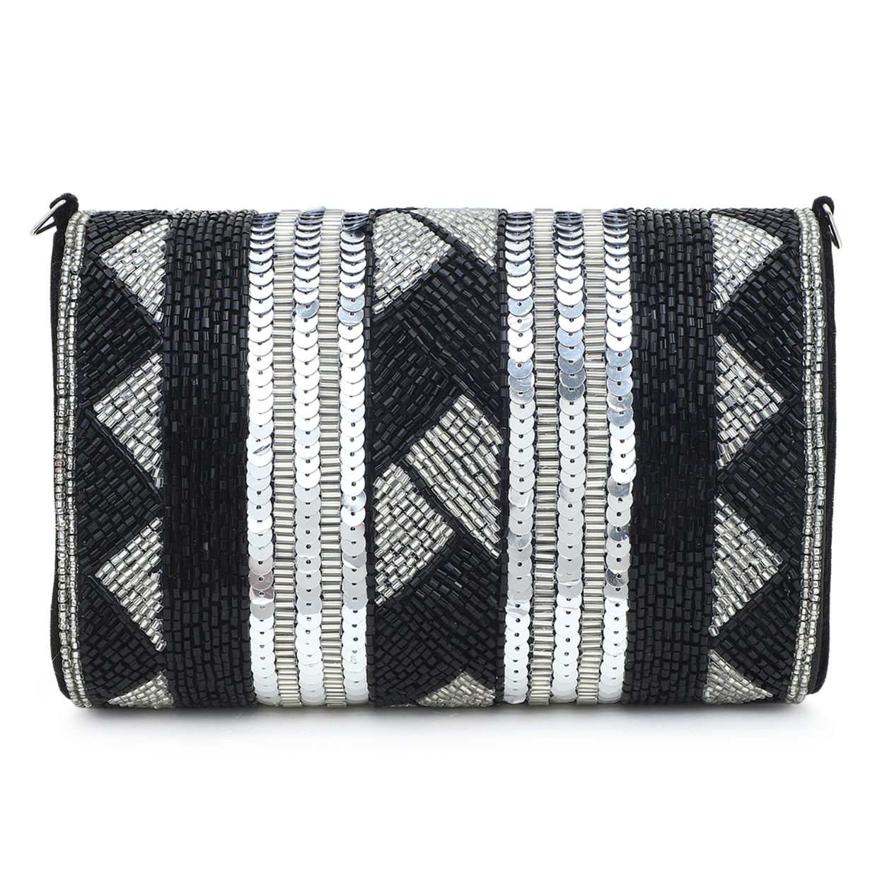 Hand-Embellished Black Sequin & Beaded Clutch | Geometric Design Handbag