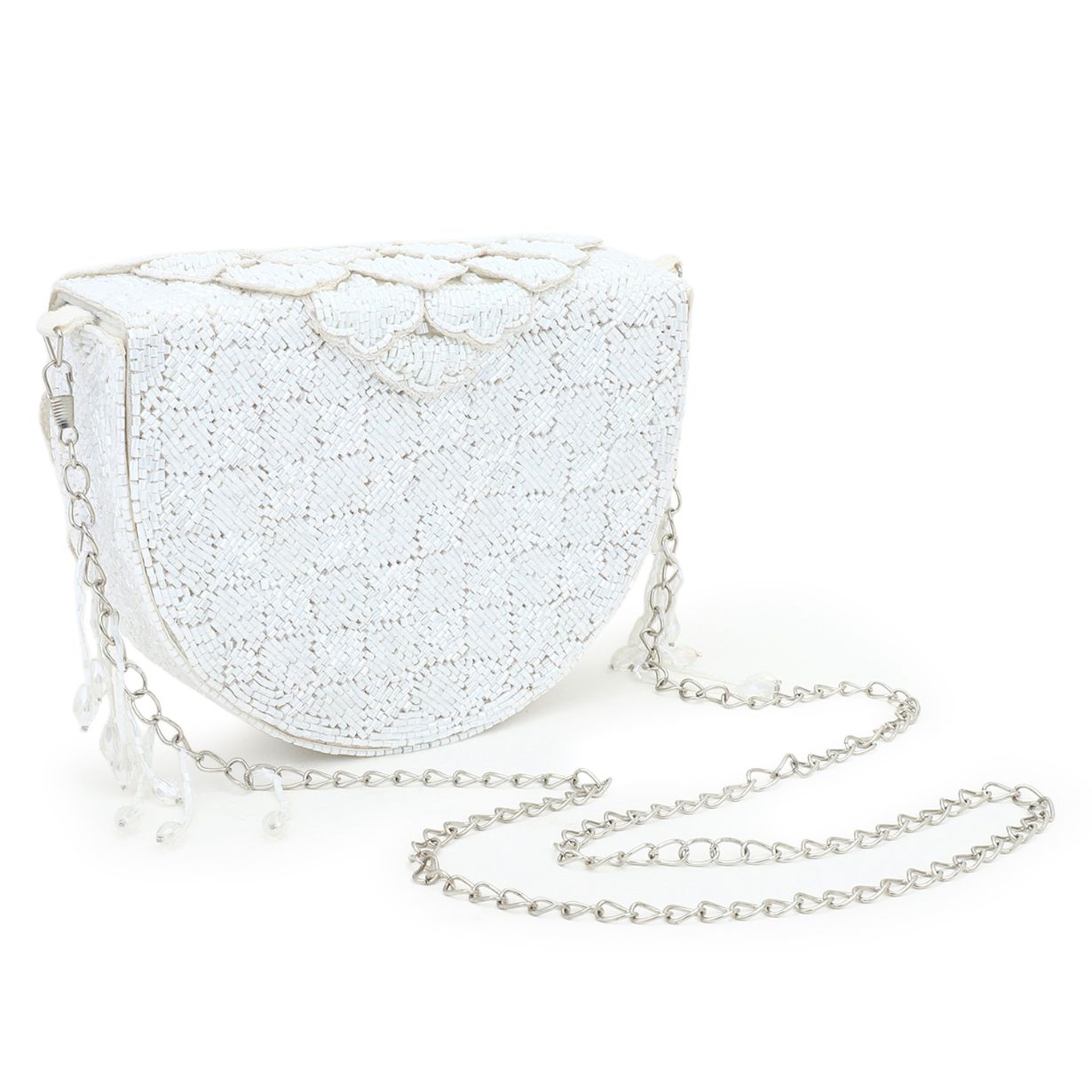 White Hand-Beaded Evening Clutch - Floral Party Purse Handbag