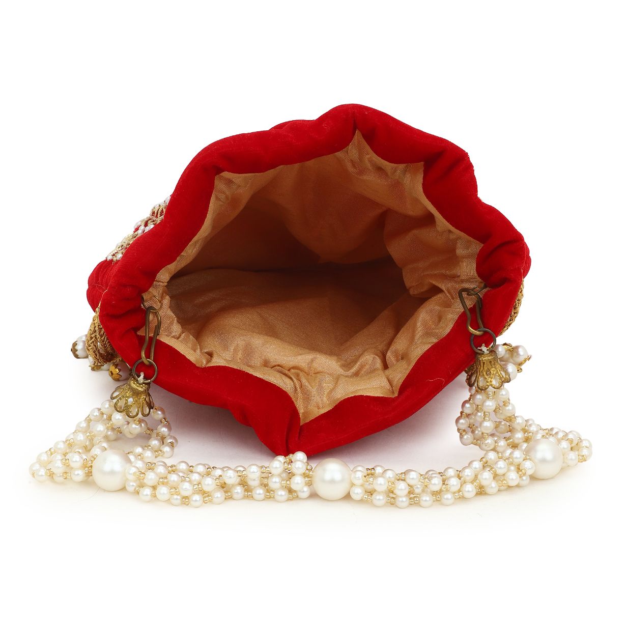 Red Velvet Potli Bag with Gold Embroidery & Om Design