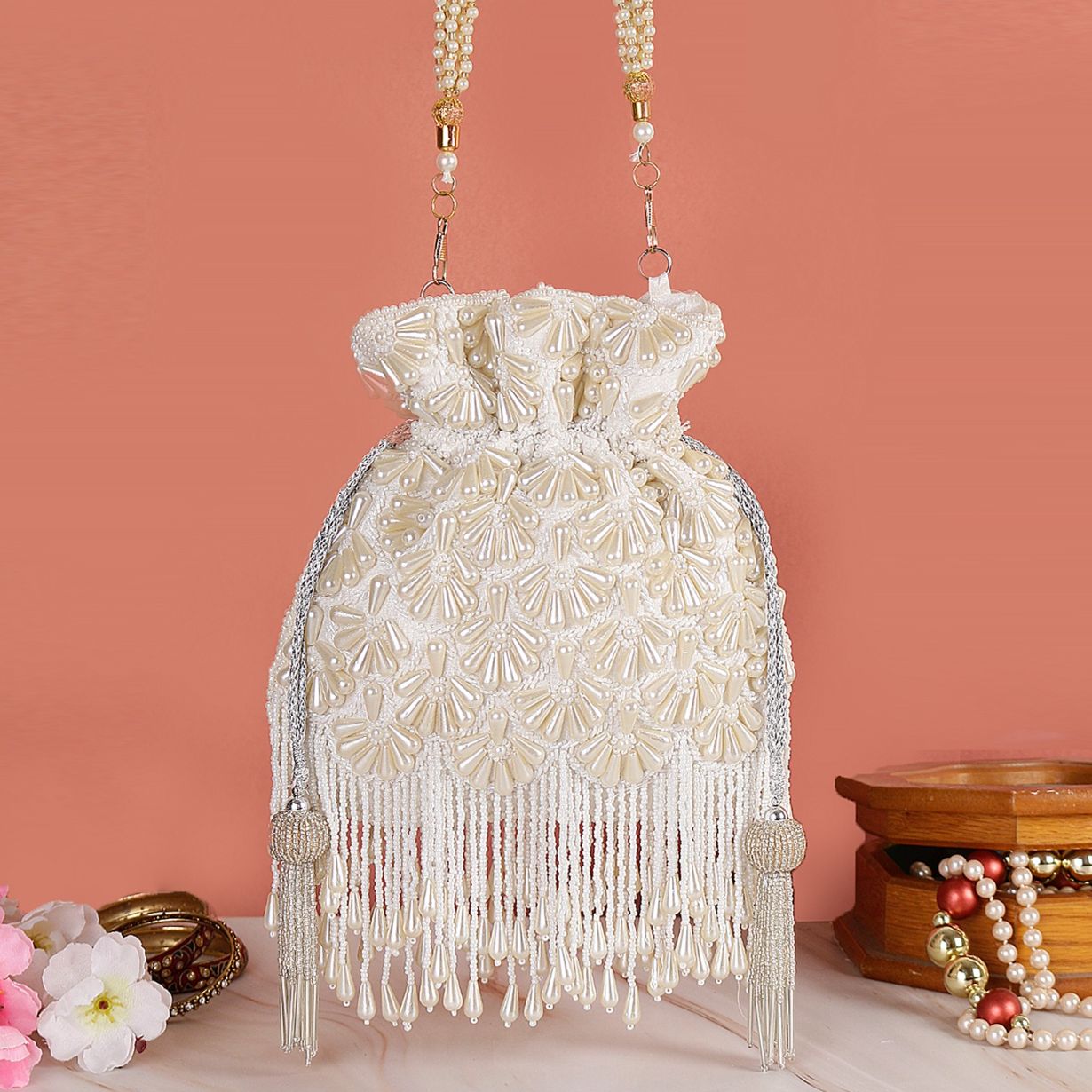Embroidered Luxury Potli Pearl Tassel Bag for Party