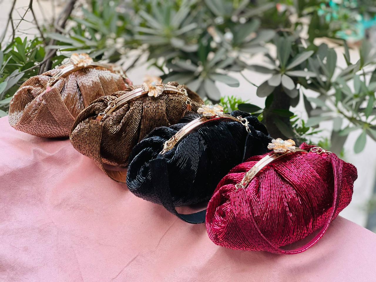 Soft Embroidery Copper Bead Pouch Bag with Handle