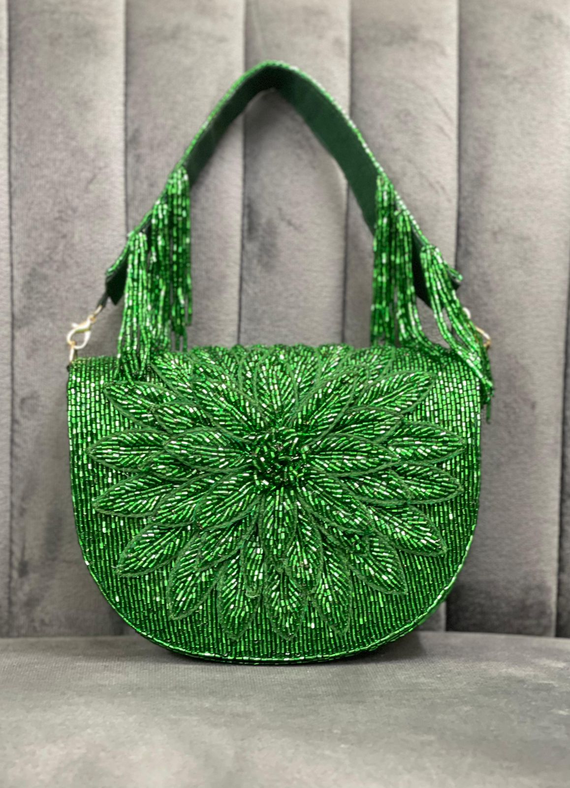 Flora Green Bead Embroidered Party Handbag