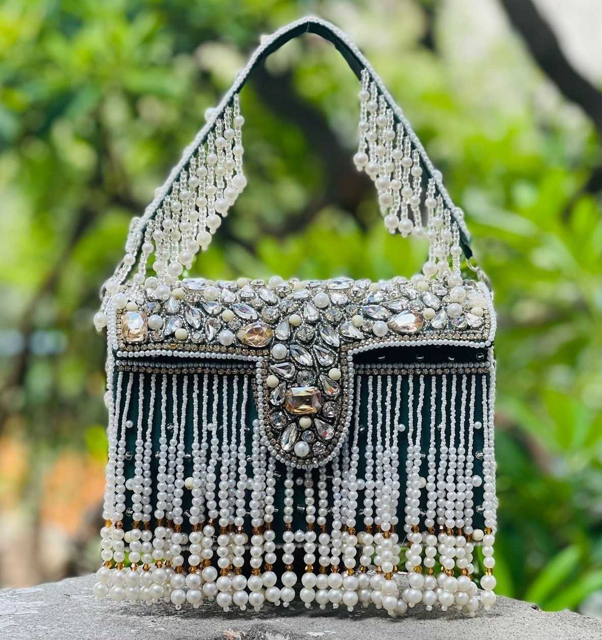 Bead Tassel Green Box Party Clutch Bag