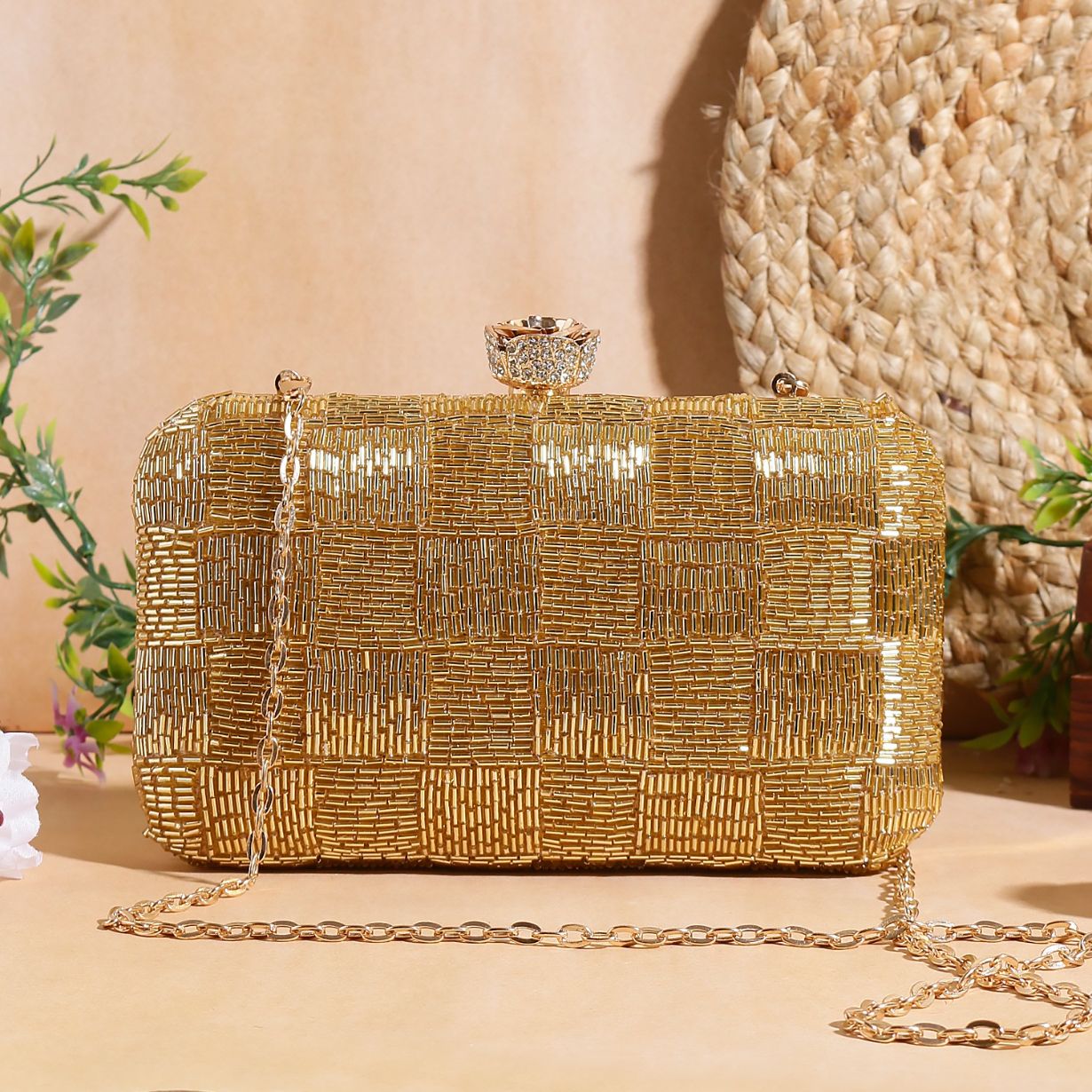 Golden Bead Embroidery Party Clutch Bag for Women