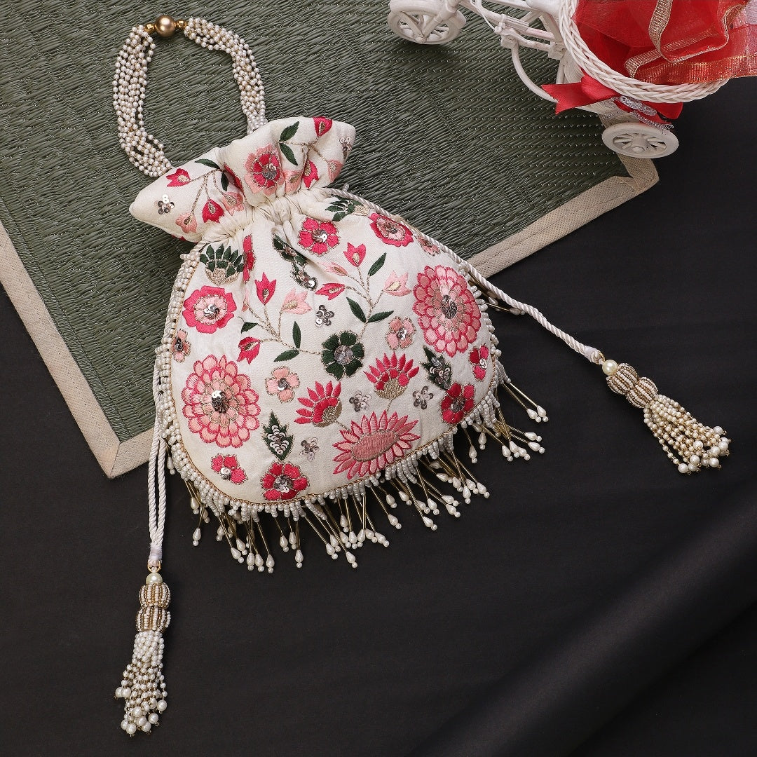 White Floral Embroidery Party PotliBag