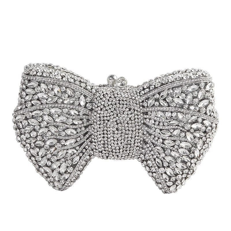 Silver Bow Crystal Rhinestone Party Clutch Bag