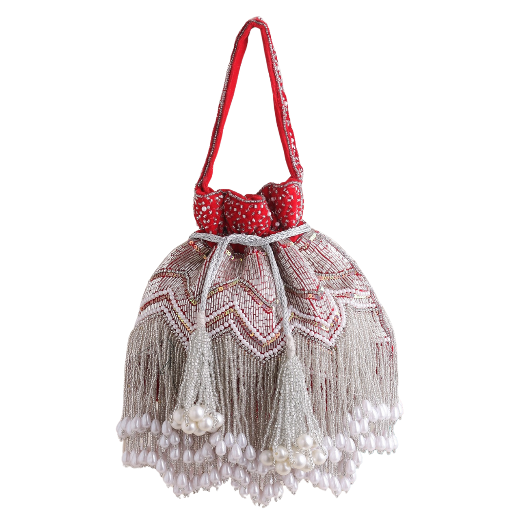 Women Red Embroidered Potli Bag with Tassel Jhallar