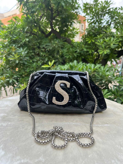 Ruche Pouch Clutch Bag with Name Initial & Chain Strap for Women