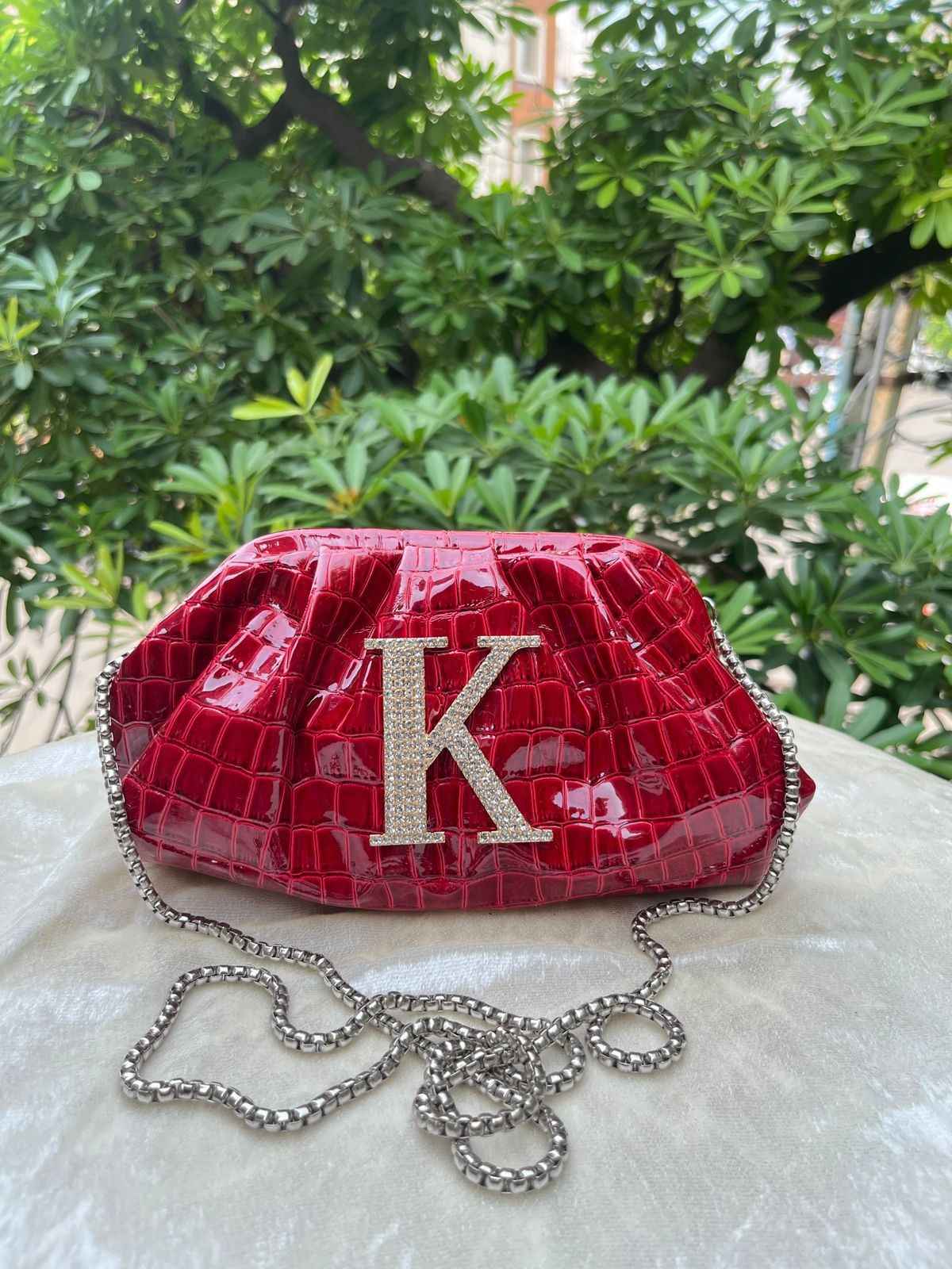 Ruche Pouch Clutch Bag with Name Initial & Chain Strap for Women