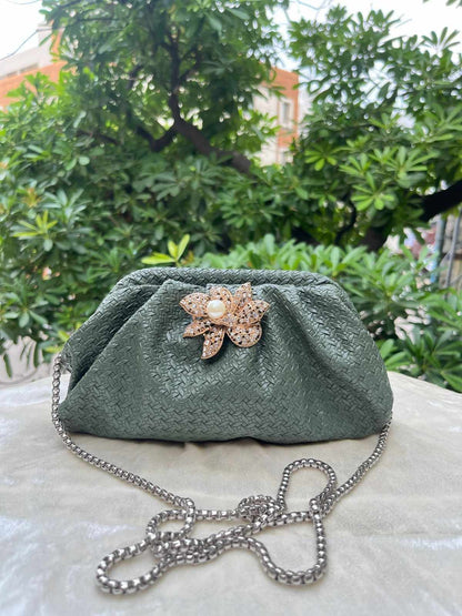 Ruche Pouch Clutch Bag with Pearl Floral Brooch & Chain Strap for Women