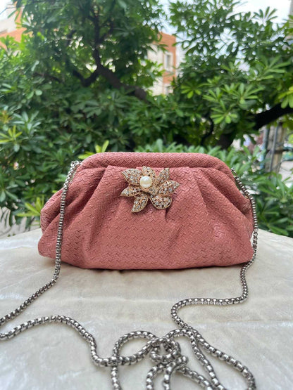 Ruche Pouch Clutch Bag with Pearl Floral Brooch & Chain Strap for Women