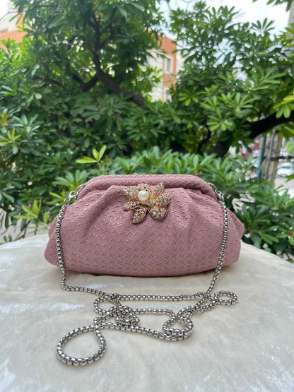 Ruche Pouch Clutch Bag with Pearl Floral Brooch & Chain Strap for Women