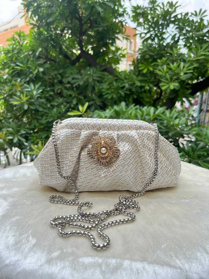 Ruche Pouch Clutch Bag with Pearl Floral Brooch & Chain Strap for Women
