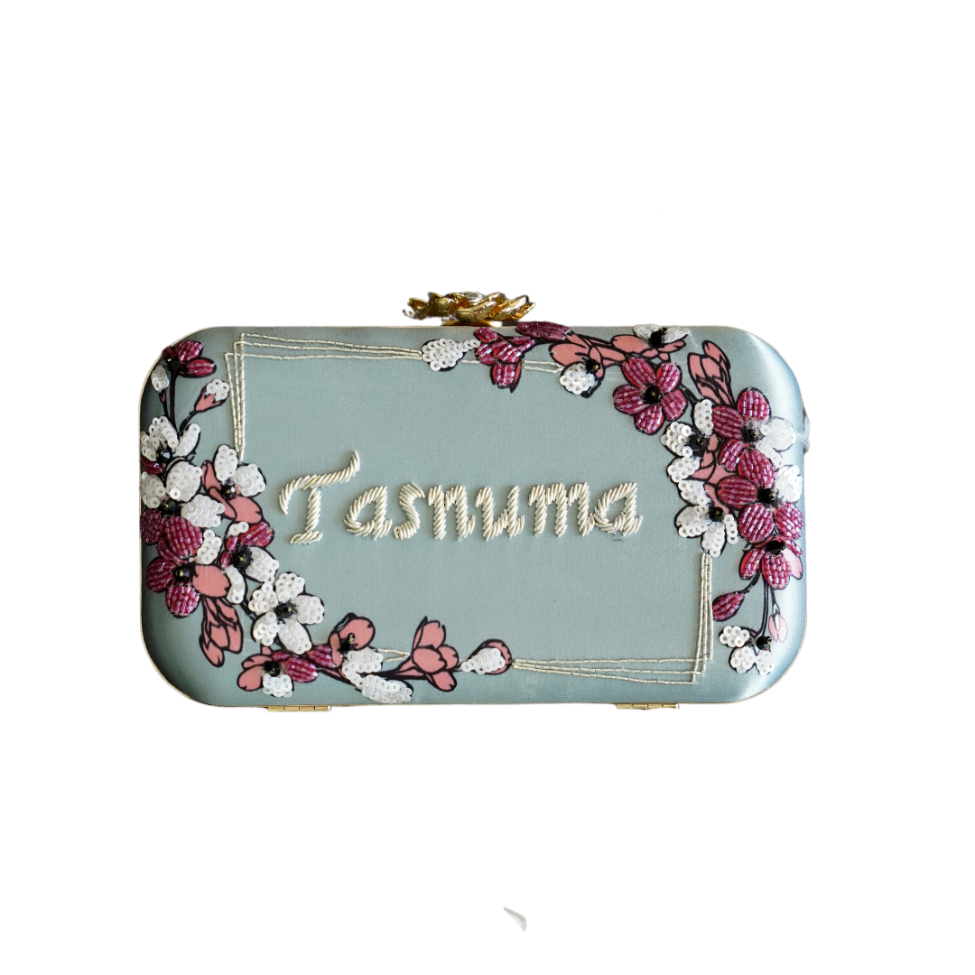 Customized Grey Name Embroidery Highlight Party Clutch
