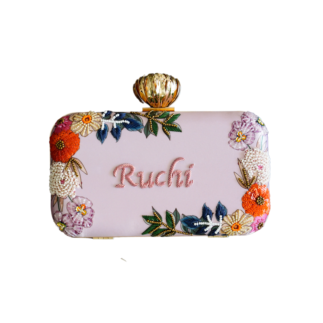 Customized Purple Embroidery Name Highlight Party Clutch