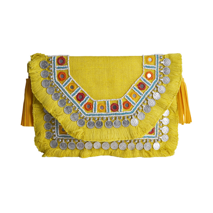 Yellow Coin Mirror Banjara Bag – Boho Clutch, Beaded Bohemian Purse with Tassels & Embroidery