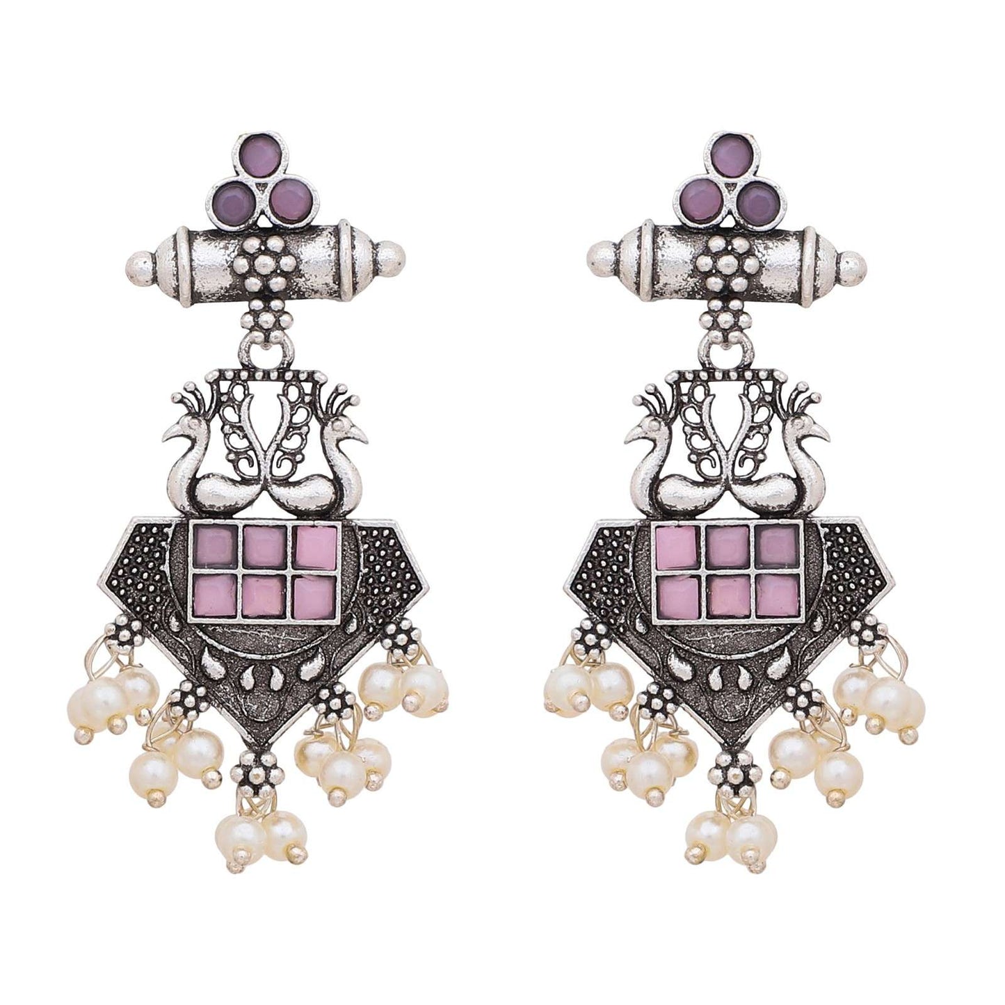 Oxidized Silver Peacock Earrings with Pink Stones & Pearl Drops | Traditional Indian Jhumka for Women