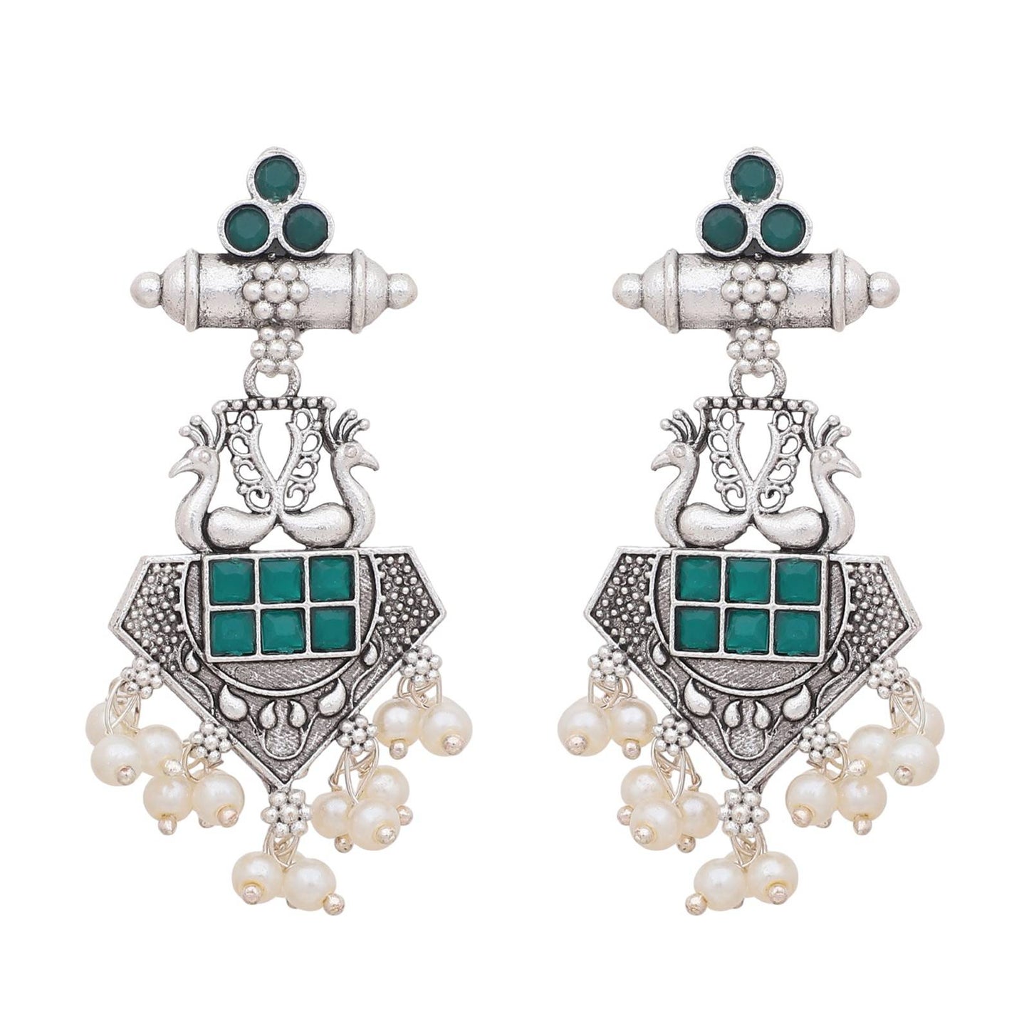 Oxidized Silver Peacock Earrings with Green Stones & Pearl Drops | Traditional Indian Jhumka for Women