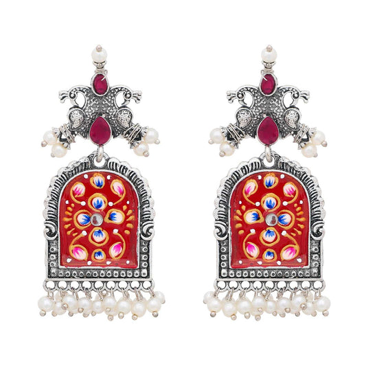 Meenakari Oxidised Silver Pearl Earrings - Red