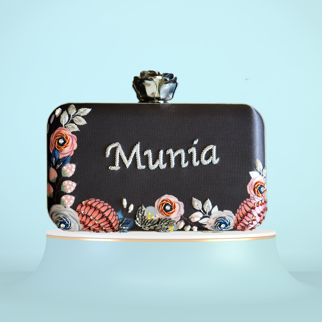 Customized Grey Embroidery Name Highlight Party Clutch