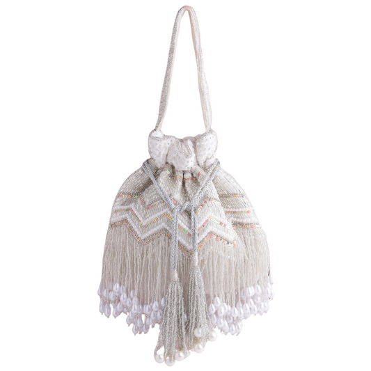 Women White Embroidered Potli Bag with Tassel Jhallar