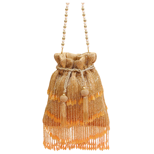 Golden Crystal & Tassels Embroidered Handcrafted Potli