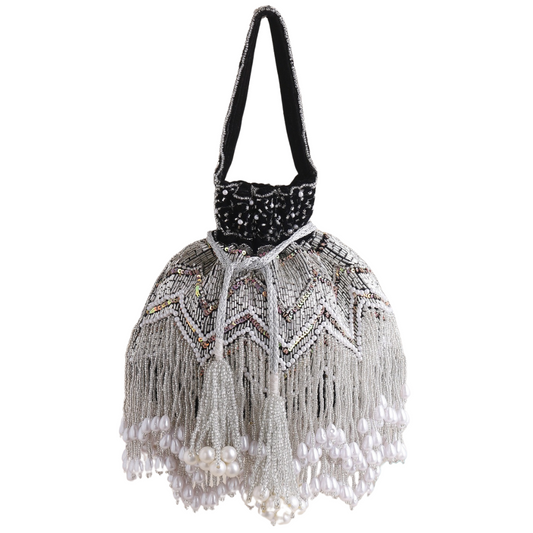 Women Black Embroidered Potli Bag with Tassel Jhallar