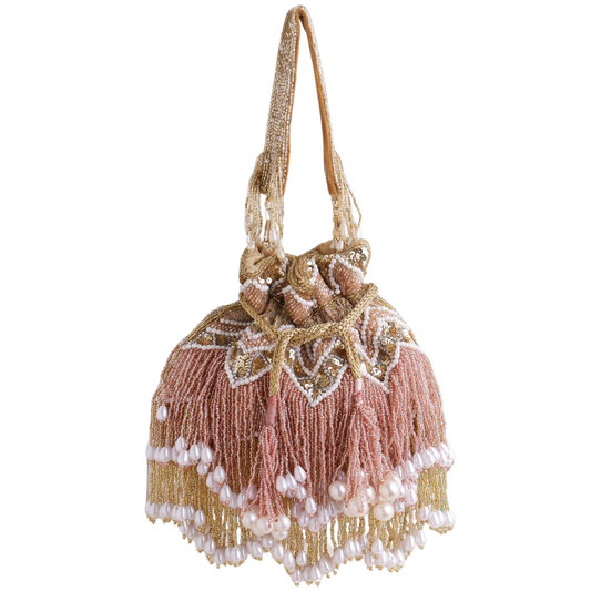 Women Pink Embroidered Potli Bag with Tassel Jhallar