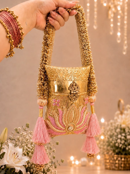 A hand wearing red and gold bangles holds a small gold embellished bucket bag with pink tassels and floral embroidery, set against a warm boho-chic background with hanging lights and flowers.