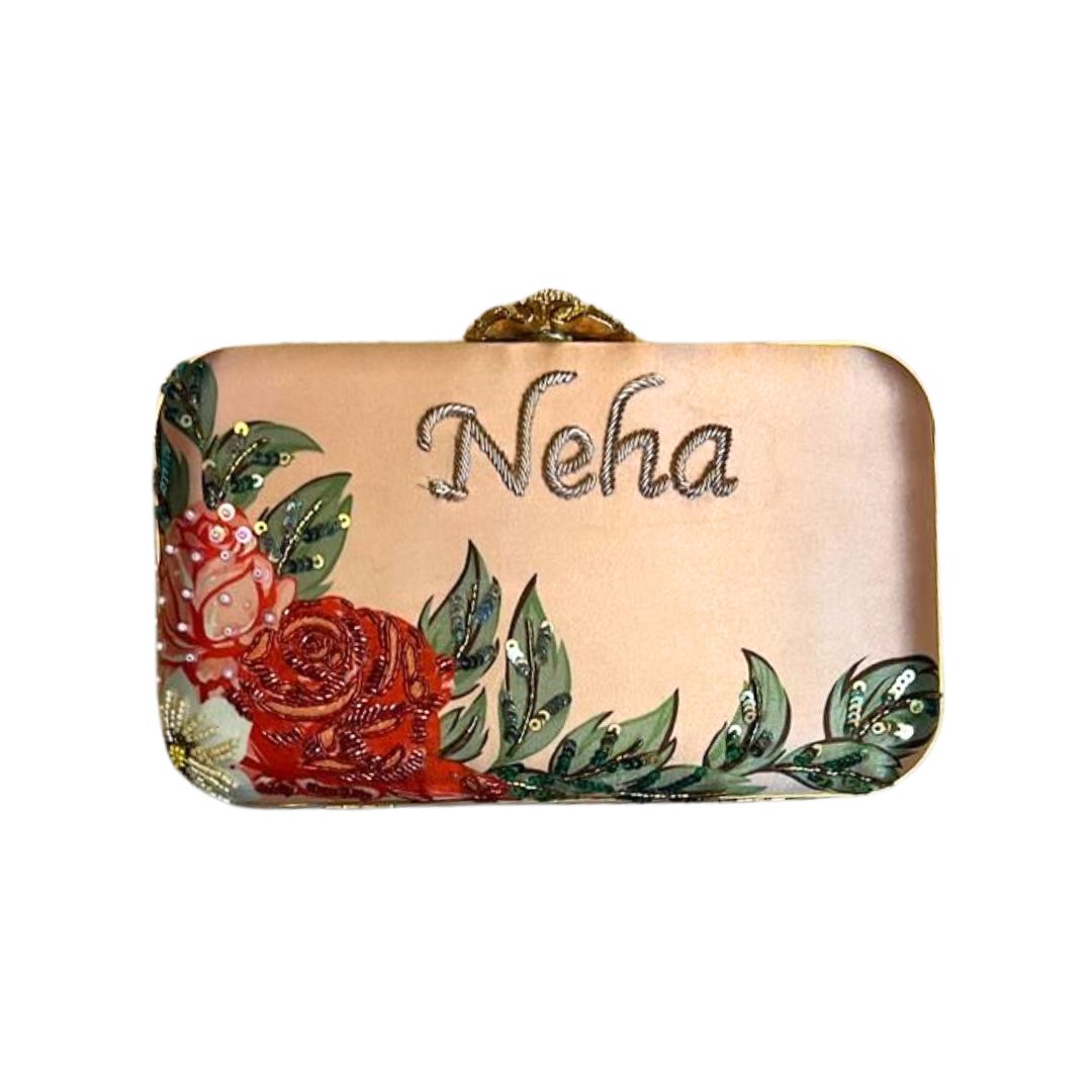 Customized Peach- Pink Embroidery Name Highlight Party Clutch