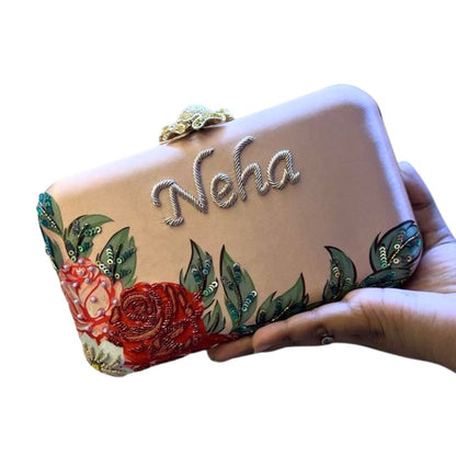 Customized Peach- Pink Embroidery Name Highlight Party Clutch
