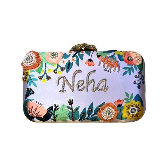 Customized Purple Embroidery Name Highlight Party Clutch