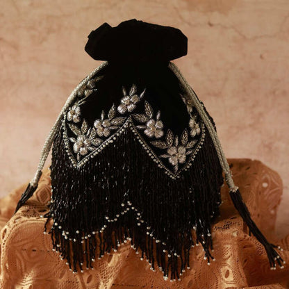 Black Silver Embroidery Evening Party Potli Bag for Women