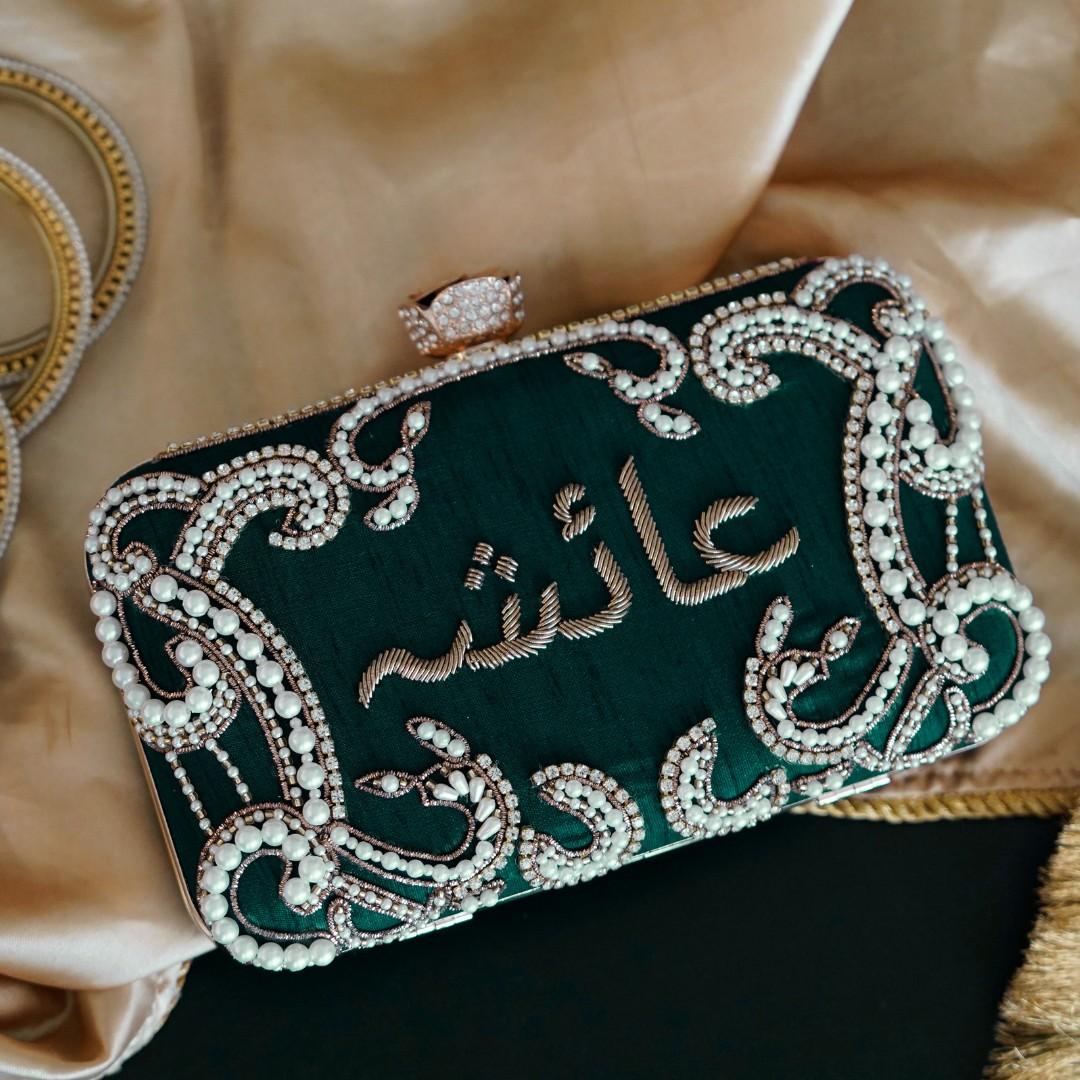 Custom Urdu Embroidery Green Name Clutch