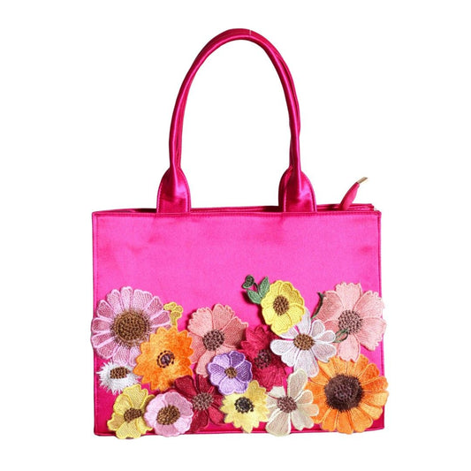 Floral Embroidered Summer Travel Tote – Vibrant Pink Tote Bag