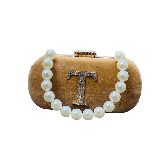 Customizable Velvet Clutch Bag with Pearl Handle & Rhinestone Initial