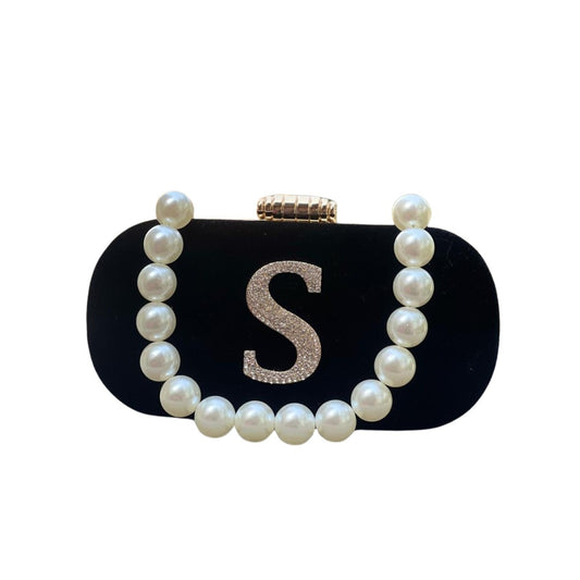 Customizable Velvet Clutch Bag with Pearl Handle & Rhinestone Initial