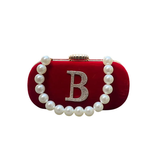 Customizable Velvet Clutch Bag with Pearl Handle & Rhinestone Initial
