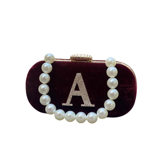 Customizable Velvet Clutch Bag with Pearl Handle & Rhinestone Initial