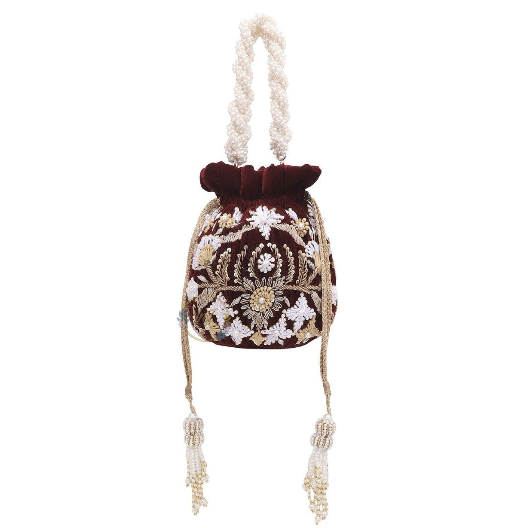 Designer Velvet Maroon Embroidery Wedding Potli Bag