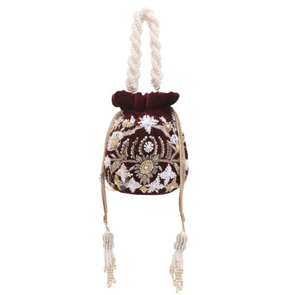 Designer Velvet Maroon Embroidery Wedding Potli Bag