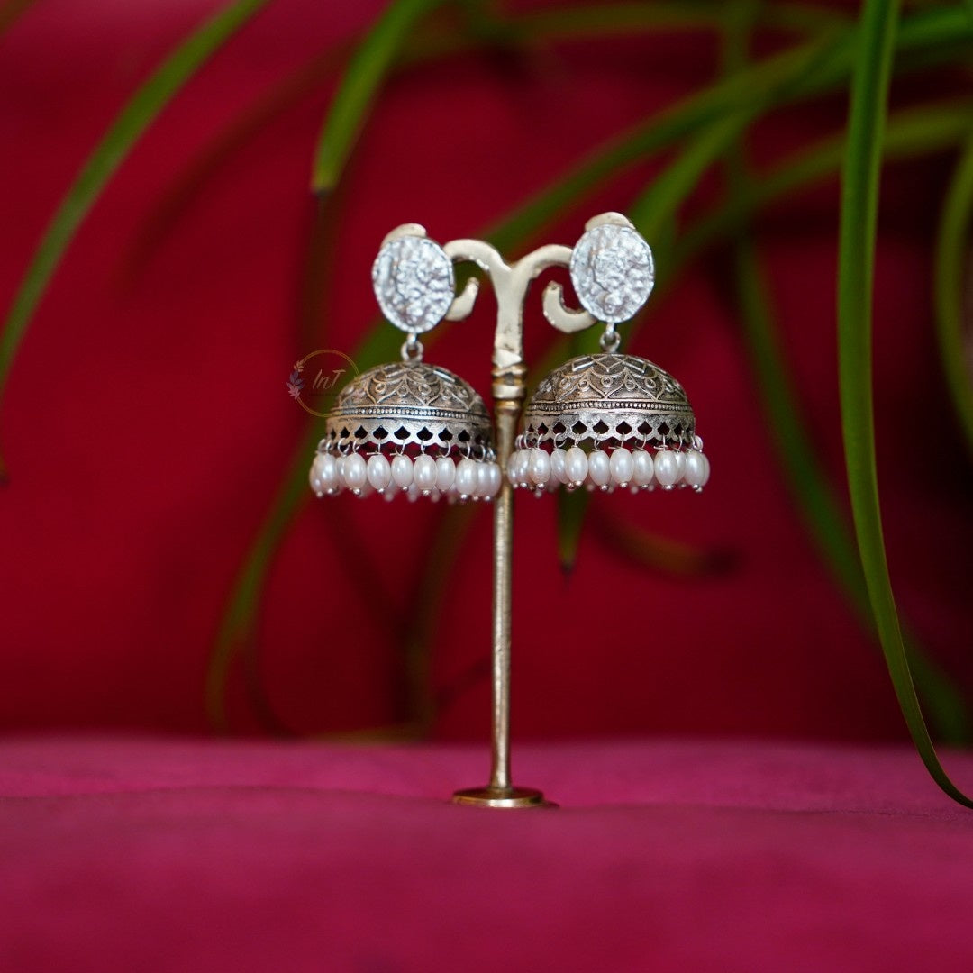 Antique Silver Jhumka Earrings with Pearl Beads – Traditional Ethnic Jewelry for Women & Girls