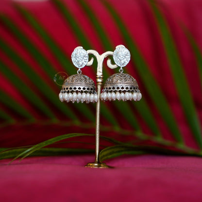 Antique Silver Jhumka Earrings with Pearl Beads – Traditional Ethnic Jewelry for Women & Girls