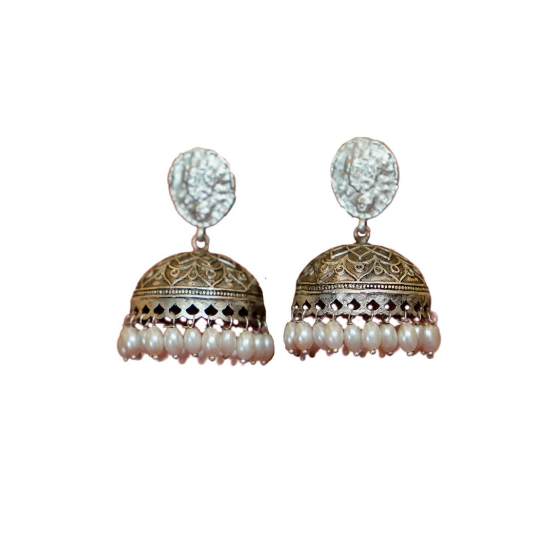 Antique Silver Jhumka Earrings with Pearl Beads – Traditional Ethnic Jewelry for Women & Girls