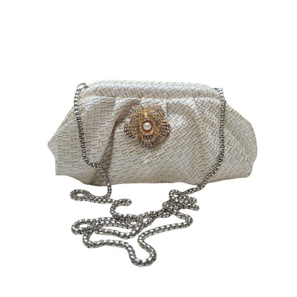 Ruche Pouch Clutch Bag with Pearl Floral Brooch & Chain Strap for Women