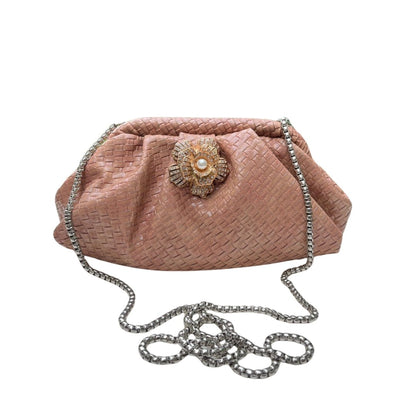 Ruche Pouch Clutch Bag with Pearl Floral Brooch & Chain Strap for Women