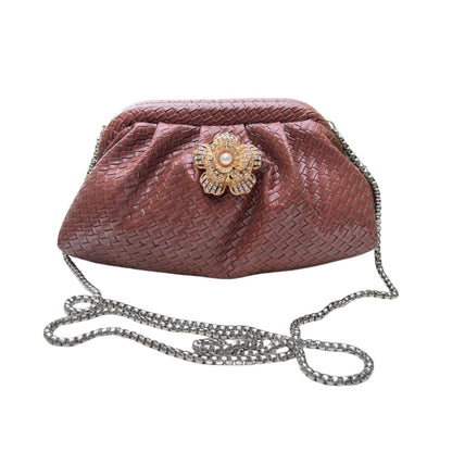 Ruche Pouch Clutch Bag with Pearl Floral Brooch & Chain Strap for Women